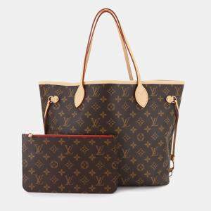 Pre Owned Louis Vuitton Monogram Neverfull Mm Tote Bag  Brown  Cerise