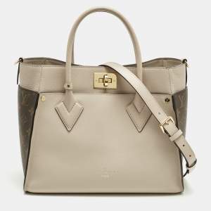 Pre Owned Louis Vuitton Greige Leather and Monogram Canvas On My Side MM Tote Bag