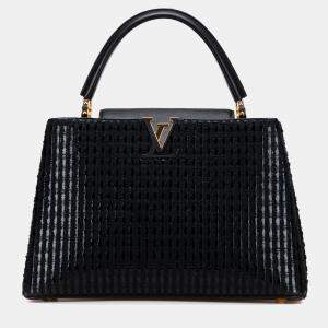 Pre Owned Louis Vuitton Black Tweed Capucines MM