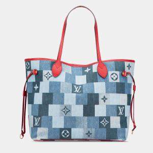 Pre Owned Louis Vuitton Blue Monogram Denim Patchwork Neverfull MM