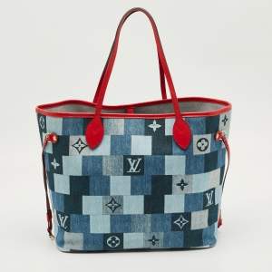 Pre Owned Louis Vuitton Blue/Rouge Damier Monogram Patchwork Denim Neverfull MM Bag
