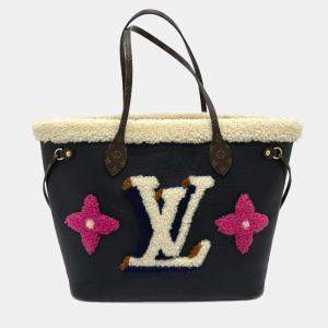 Pre Owned Louis Vuitton Shearling Monogram Flower Lv Initial Neverfull Mm Fluffy Tote Bag In Calf Leather Black