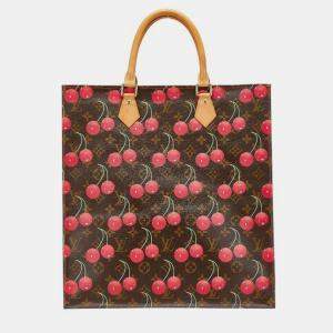 Pre Owned Louis Vuitton X Takashi Murakami Monogram Cherry Sac Plat Tote Bag Brown Leather