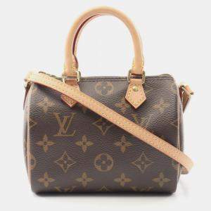 Pre Owned Louis Vuitton Nano Speedy Monogram Brown Coated Canvas Leather Shoulder Bag 