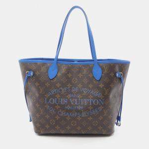 Pre Owned Louis Vuitton Neverfull Mm Tote Bag Coated Canvas And Leather With Monogram Ikat Flowers Brown Blue