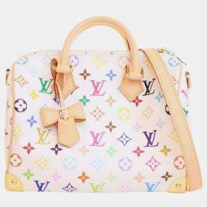Pre Owned Louis Vuitton White Takashi Murakami Monogram Multicolore Speedy Bandouliere 25