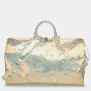 Pre Owned Louis Vuitton White Monogram Prism Keepall Bandouliere 50