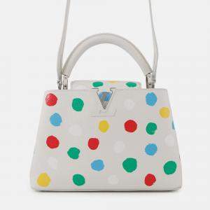 Pre Owned Louis Vuitton Capucines BB Painted Dots White Multicolor Taurillon Leather Top Handle Bag