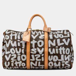Pre Owned Louis Vuitton Monogram Graffiti Keepall 50 Grey Brown Monogram Coated Canvas and Leather Duffel Bag