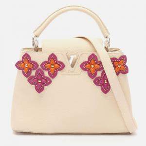 Pre Owned Louis Vuitton Capucines Flower Tinsel BB Ivory Taurillon Leather Top Handle Bag