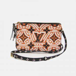 Pre Owned Louis Vuitton Clafity Double Zip Pochette Black Brown White Coated Canvas Shoulder Bag