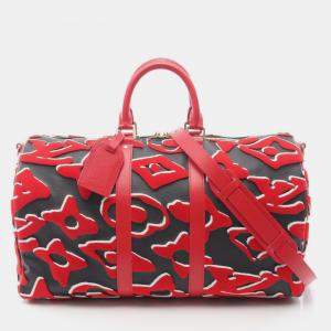 Pre Owned Louis Vuitton Keepall Bandouliere 45 Boston Bag Coated Canvas And Leather Black Red