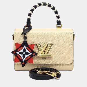 Pre Owned Louis Vuitton Beige Black Leather Top Handle Twist MM