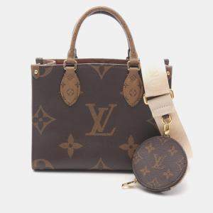 Pre Owned Louis Vuitton On The Go Pm Monogram Giant Reverse Handbag Coated Canvas Brown And Beige