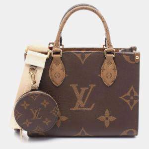 Pre Owned Louis Vuitton On The Go Pm Handbag Coated Canvas Monogram Giant Reverse Women'S Brown And Beige