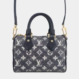 Pre Owned Louis Vuitton Speedy Bandouliere Navy Monogram Laminated Jacquard Size 20