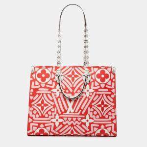 Pre Owned Louis Vuitton Monogram Giant Lv Crafty On-The-Go Gm Handbag Creme Rouge White Leather