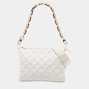 Pre Owned Louis Vuitton White Monogram Embossed Puffy Lambskin Coussin PM