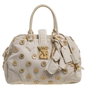 Pre Owned Louis Vuitton Light Beige Canvas Bowly Polka Dot Panama Bag