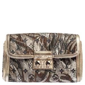 Pre Owned Louis Vuitton Silver Monogram Brocade and Karung Trim Thalie Clutch Bag
