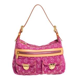 Pre Owned Louis Vuitton Fuchsia Monogram Denim Baggy PM Bag