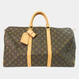 Pre Owned Louis Vuitton Brown Monogram Coated Canvas Leather Keepall 50 Duffel Bag