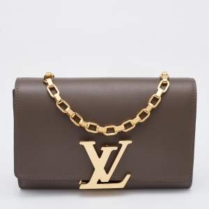 Pre Owned Louis Vuitton Taupe Leather Chain Louise MM Clutch