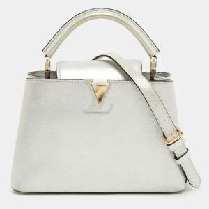 Pre Owned Louis Vuitton Silver Iridescent Leather Capucines BB Bag