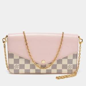 Pre Owned Louis Vuitton Pink Leather And Damier Azur Canvas Felicie Pochette 