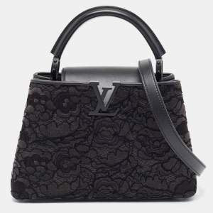 Pre Owned Louis Vuitton Black Leather and Lace Romantic Capucines BB Bag