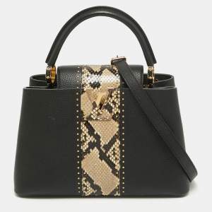 Pre Owned Louis Vuitton Black/Beige Leather and Python Capucines MM Bag