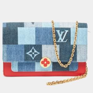Louis Vuitton Blue/Rouge Damier and Monogram Patchwork Denim Denim Flore Wallet on Chain 