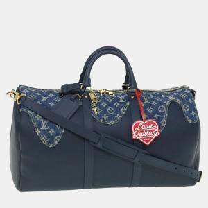 Louis Vuitton Virgil Abloh Blue Monogram Denim and Navy Grained Taurillon Drip Keepall Bandoulière 50 Duffel Bags