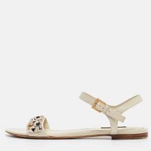 Louis Vuitton Cream Leather Embellished Slingback Flat Sandals Size 39.5