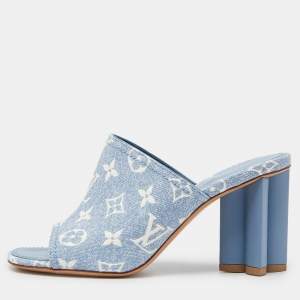 Louis Vuitton Blue Monogram Denim Leather Mules Size 37