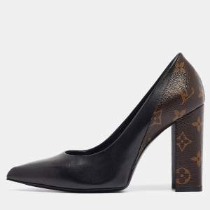 Pre Owned Louis Vuitton Black/Brown Monogram Canvas and Leather Pointed Toe Pumps 38.5