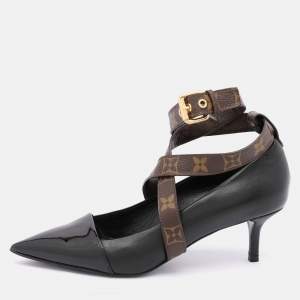 Louis Vuitton Black/Brown Leather and Monogram Canvas Cross Strap Pumps Size 37