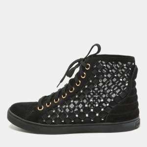 Louis Vuitton Black Suede Cut Out Crystal Embellished High Top Sneakers Size 38.5