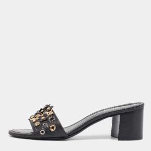Louis Vuitton Black Leather Embellished Slide Sandals Size 37
