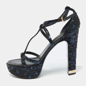 Louis Vuitton Black/Blue Sequins Platform Ankle Strap Sandals Size 36.5