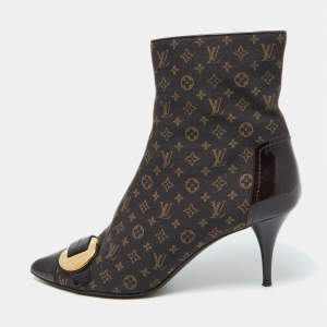 Louis Vuitton Brown Monogram Mini Lin Canvas and Patent Leather Ankle Length Boots 39.5
