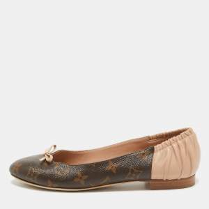 Pre Owned Louis Vuitton Brown/Pink Monogram Canvas and Leather Scrunch Ballet Flats Size 37