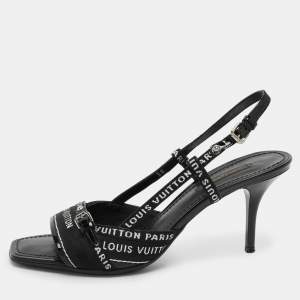 Louis Vuitton Black Patent Leather and Fabric Slingback Sandals Size 38