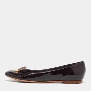 Pre Owned Louis Vuitton Amarante Vernis and Damier Ebene Canvas Logo Ballet Flats Size 35