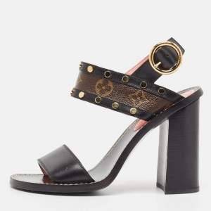 Louis Vuitton Black/Brown Monogram Canvas and Leather Ankle Strap Sandals Size 37.5