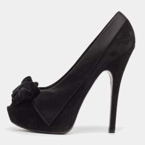 Louis Vuitton Black Satin and Suede Peep Toe Platform Pumps Size 39.5