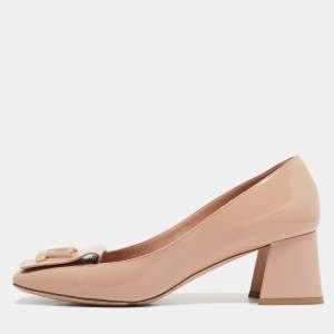 Pre Owned Louis Vuitton Beige Patent Leather Block Heel Pumps Size 37