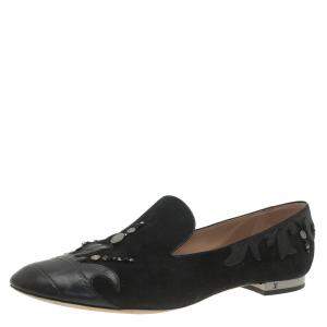 Pre Owned Louis Vuitton Black Beaded Suede and Crocodile Cap Toe Smoking Slippers Size 38