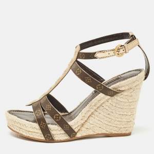 Louis Vuitton Gold Monogram Canvas and Leather Bahamas Wedge Sandals Size 37