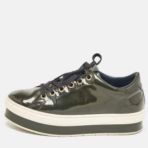Louis Vuitton Dark Green Patent Leather Lace Up Sneakers Size 37.5